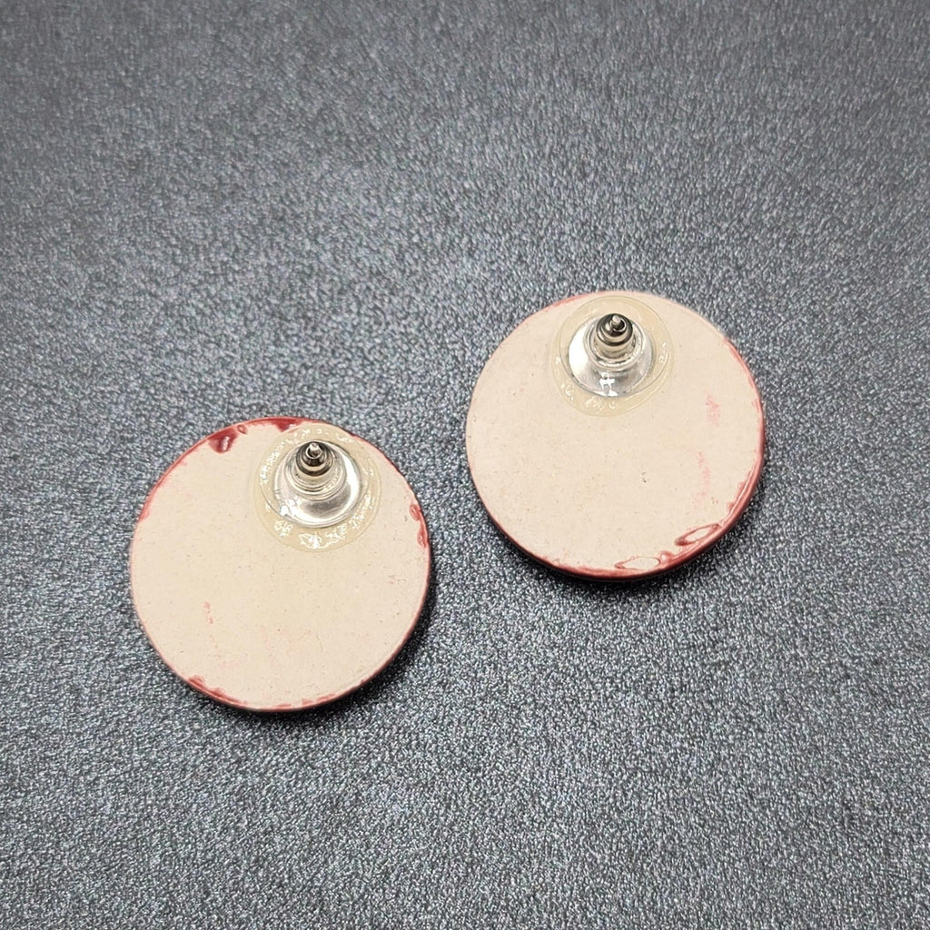 Vintage Pierced Earrings Red Hand Painted Round Pottery Drop  1"