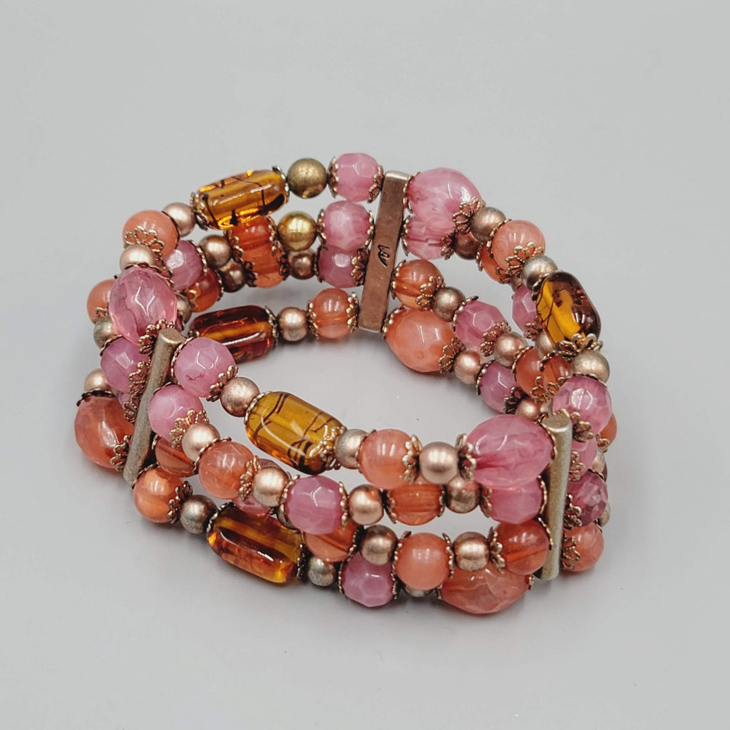 Liz Claiborne Glass Bead Bracelet Pink Orange Elastic Triple Strand 7"