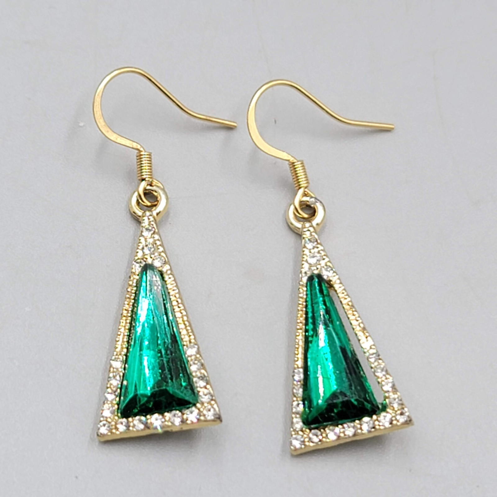 Green Rhinestone Triangle Pierced Earrings Gold tone Dangle 7/8"