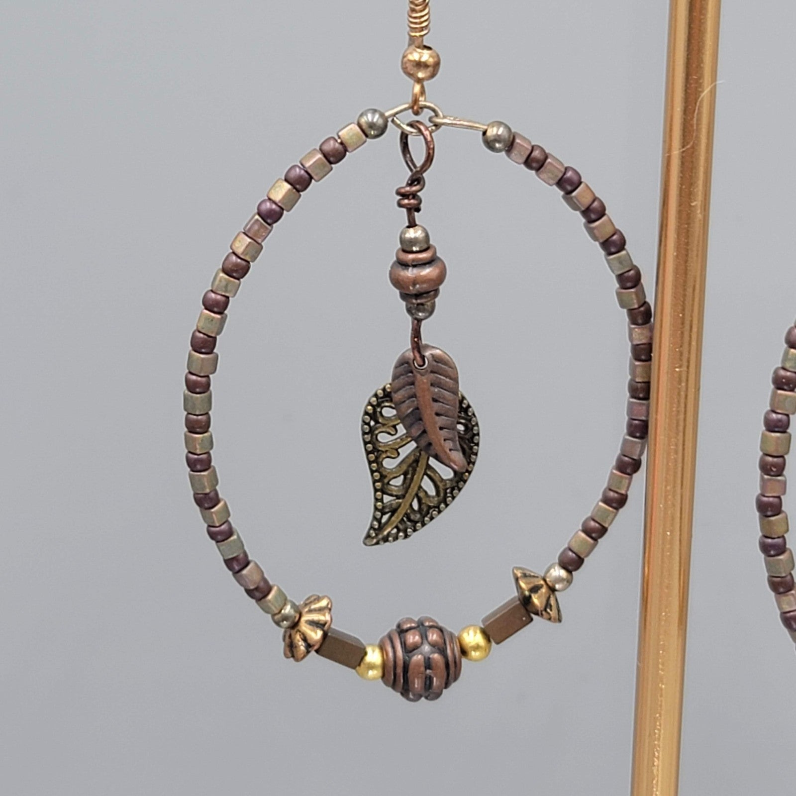 Boho Beaded Hoops Pierced Earrings Copper toen Leaf Dangle 2"