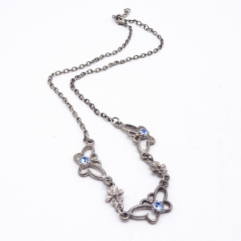 Silver tone Chain Butterfly Necklace Blue Rhinestone Accents Collar  14" - 16"