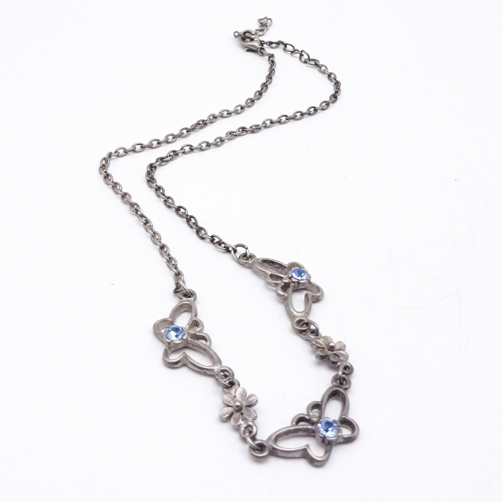 Silver tone Chain Butterfly Necklace Blue Rhinestone Accents Collar  14" - 16"