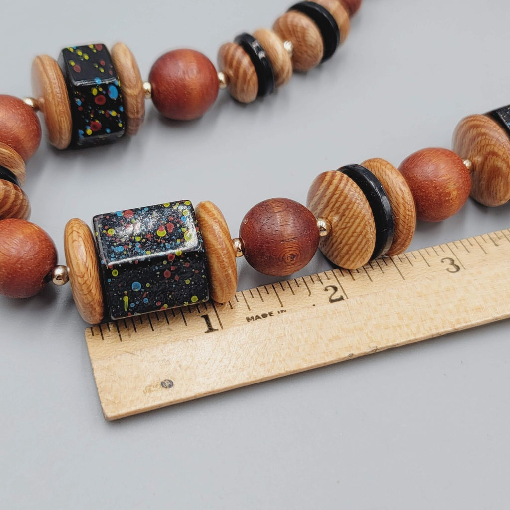 Vintage Wood Graduated Bead Statement Black Speckle Accent Bead 23"
