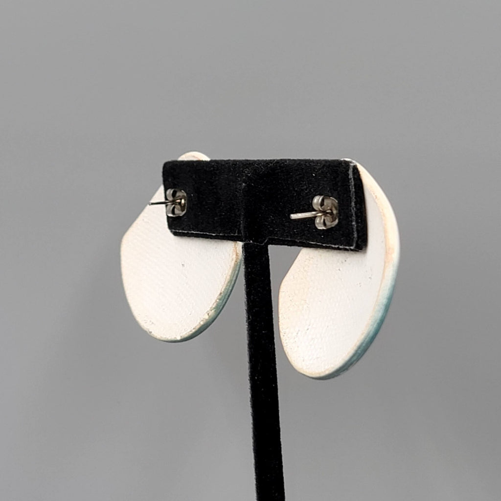 Vintage Ceramic Pierced Earrings White Teal Ombre Drop Statement 80s 1 3/8"
