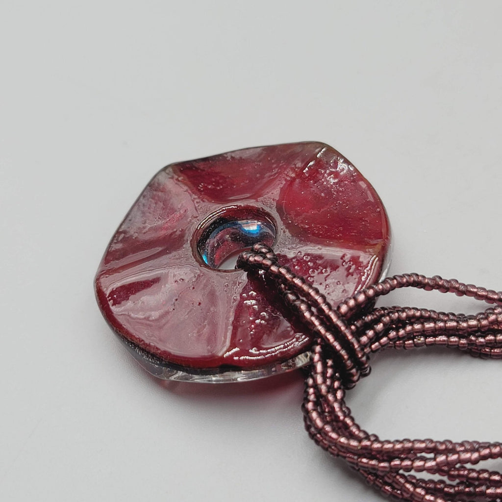Dichroic Round Glass Pendant Necklace Seed Bead 6 Strand 20"+