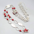 Necklace Extra Long Silver tone Red Bead Enamel Statement 42 in