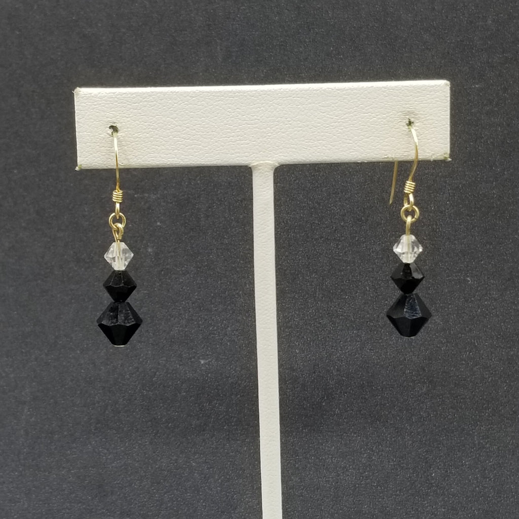 Pierced Earrings Gold tone Black Faceted Crystal Beaded Dangle 3/4"