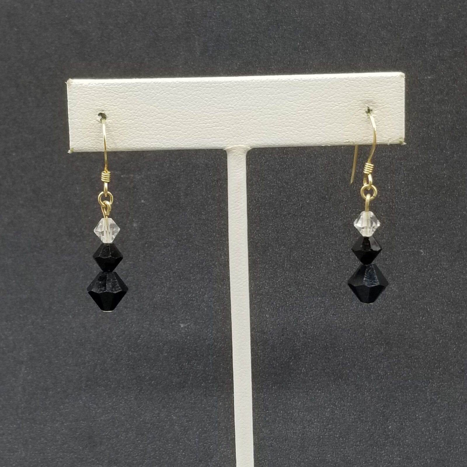 Pierced Earrings Gold tone Black Faceted Crystal Beaded Dangle 3/4"