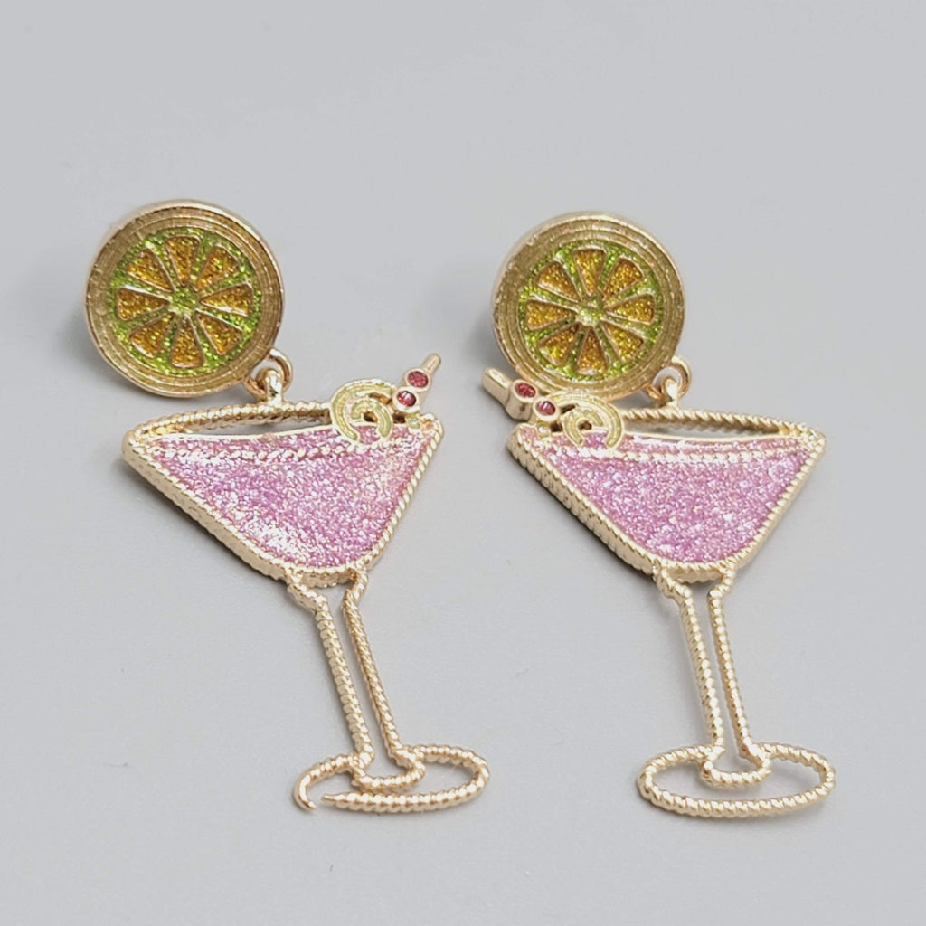 Pink Martini Cocktail Pierced Earrings Gold tone Dangle 2"
