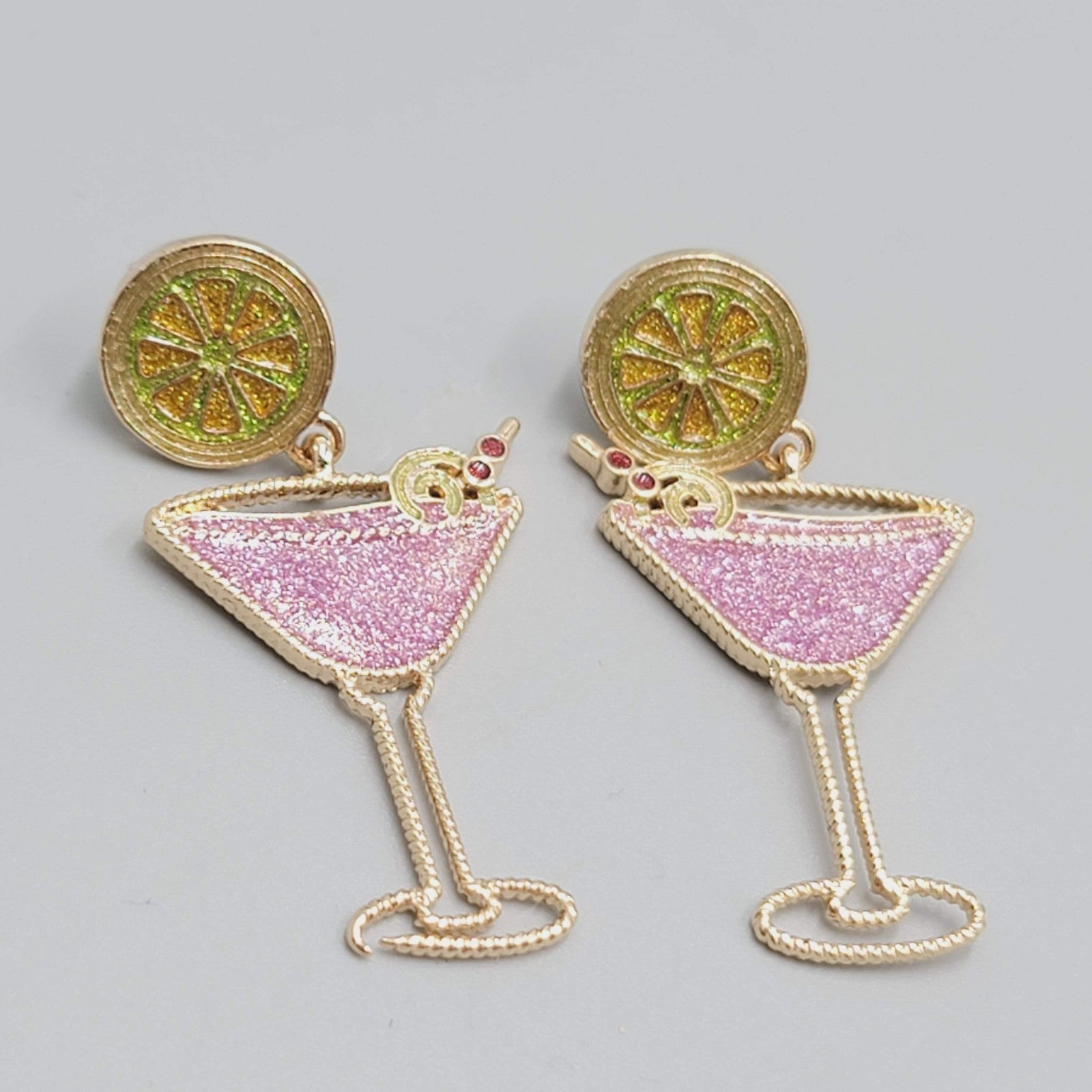 Pink Martini Cocktail Pierced Earrings Gold tone Dangle 2"