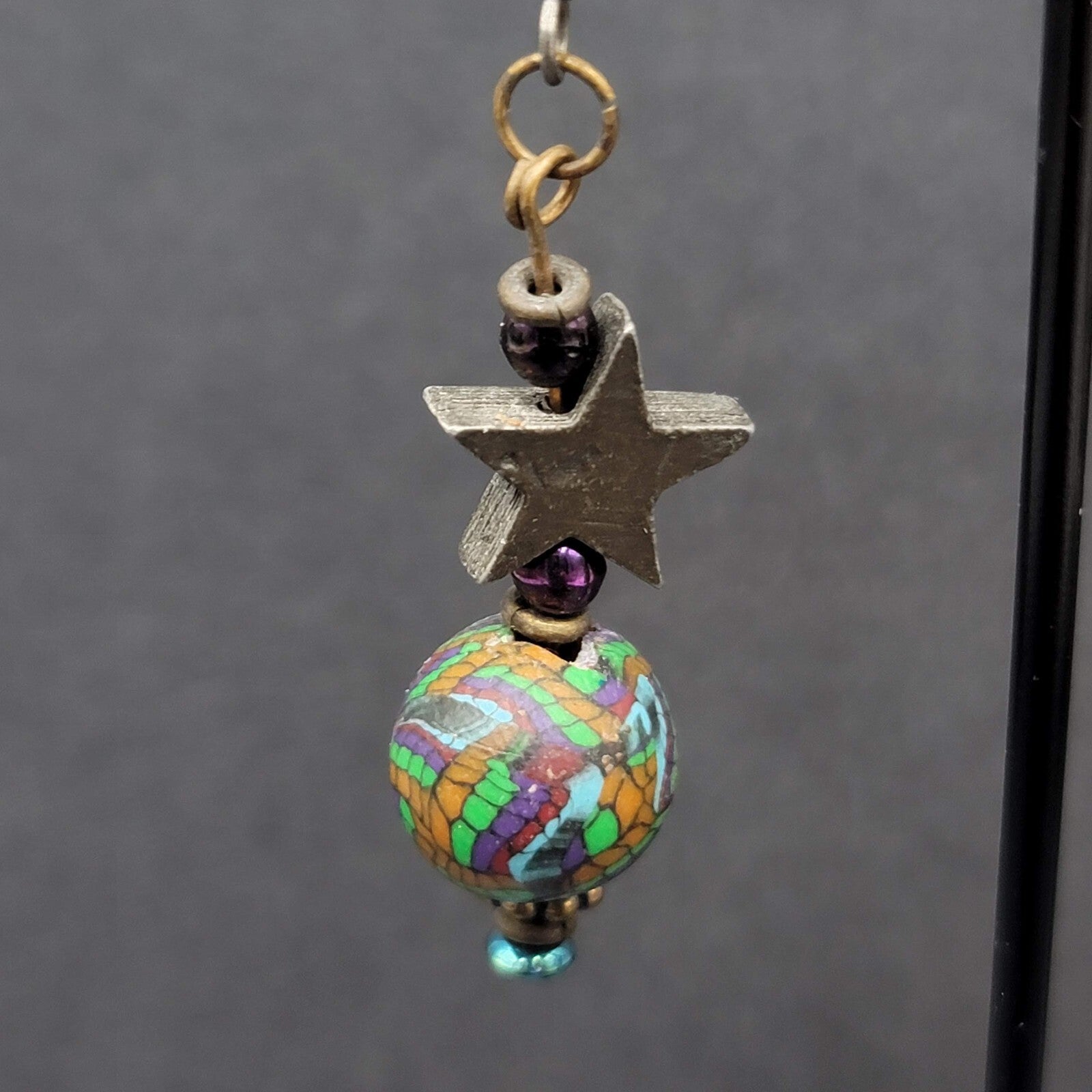 Pierced Earrings Star Bead Pottery Multicolor Bead 1.75"