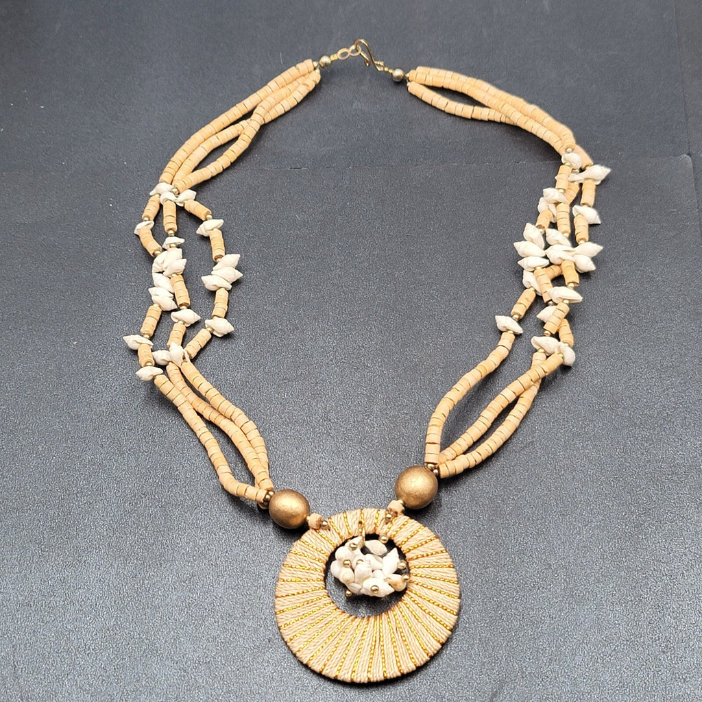 Vintage Necklace Wood Bead Shell Gold tone Boho Estate Costume Jewelry 24"