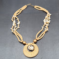 Vintage Necklace Wood Bead Shell Gold tone Boho Estate Costume Jewelry 24"