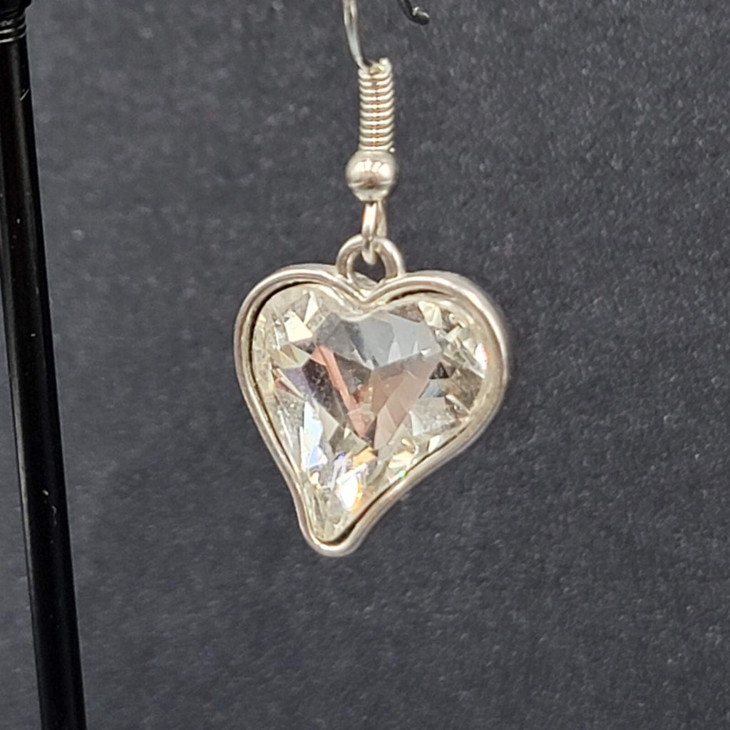 Heart Pierced Earrings Silver tone Faceted Glass Dangle 3/4"