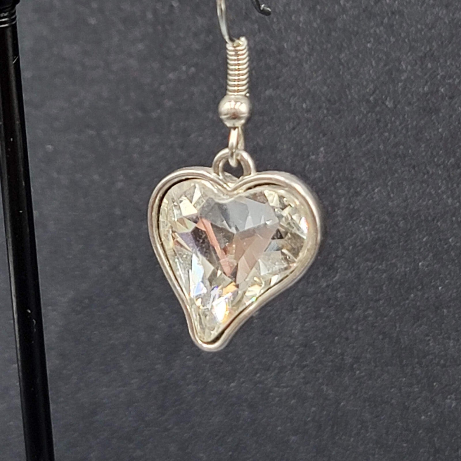 Heart Pierced Earrings Silver tone Faceted Glass Dangle 3/4"