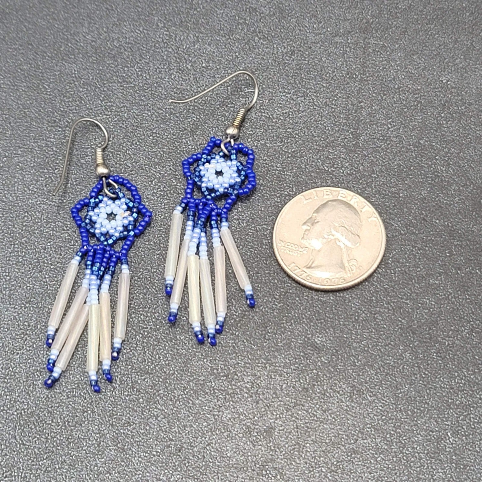 Vintage Pierced Earrings Blue White Flower Weaved Seed Beads  2"