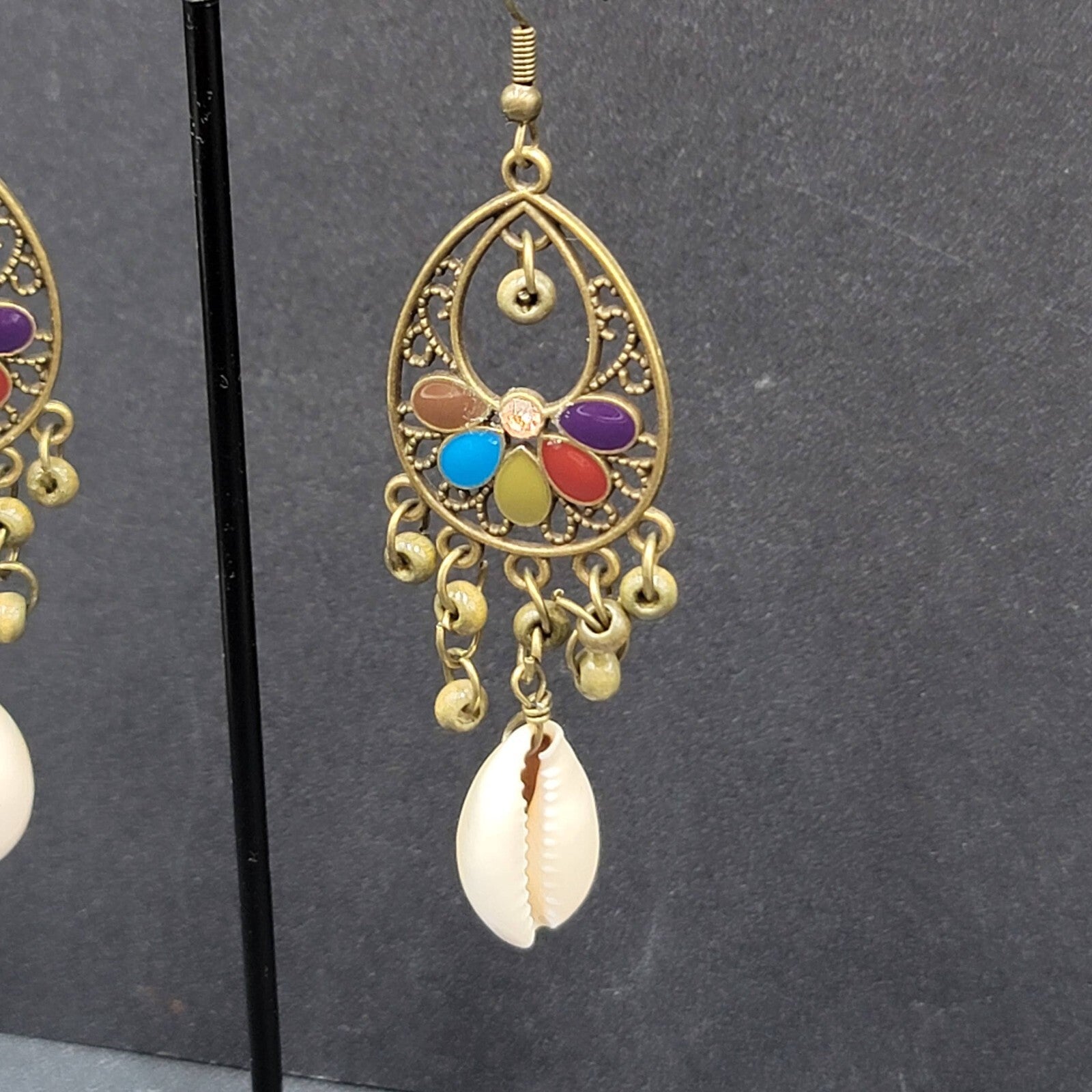 New Boho Pierced Earrings Bronze tone Multicolor Enamel Cowrie Shell 2.5"