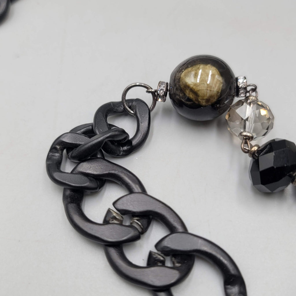 Large Statement Black Metal Eclectic Stone Beads Necklace 36 in