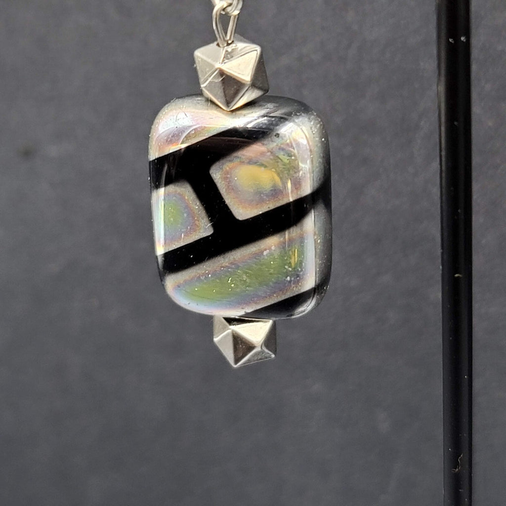Pierced Earrings Unique Art Glass Beads Iridescent Rectangles 1 3/8"