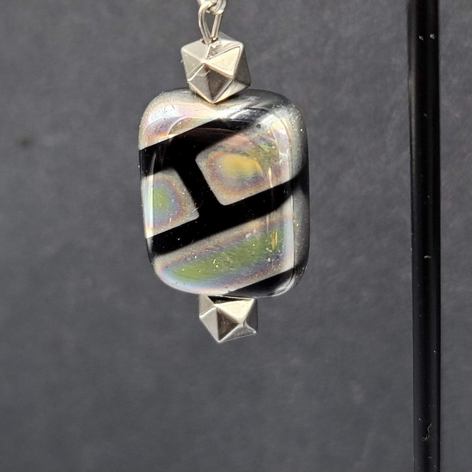 Pierced Earrings Unique Art Glass Beads Iridescent Rectangles 1 3/8"