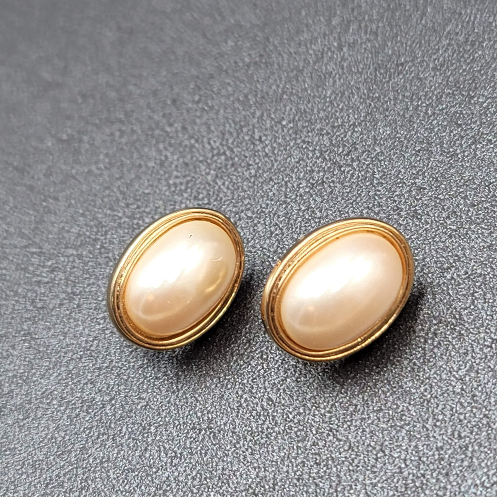 Vintage Avon Clip on Earrings Gold tone Oval White Cabochon Studs 5/8"