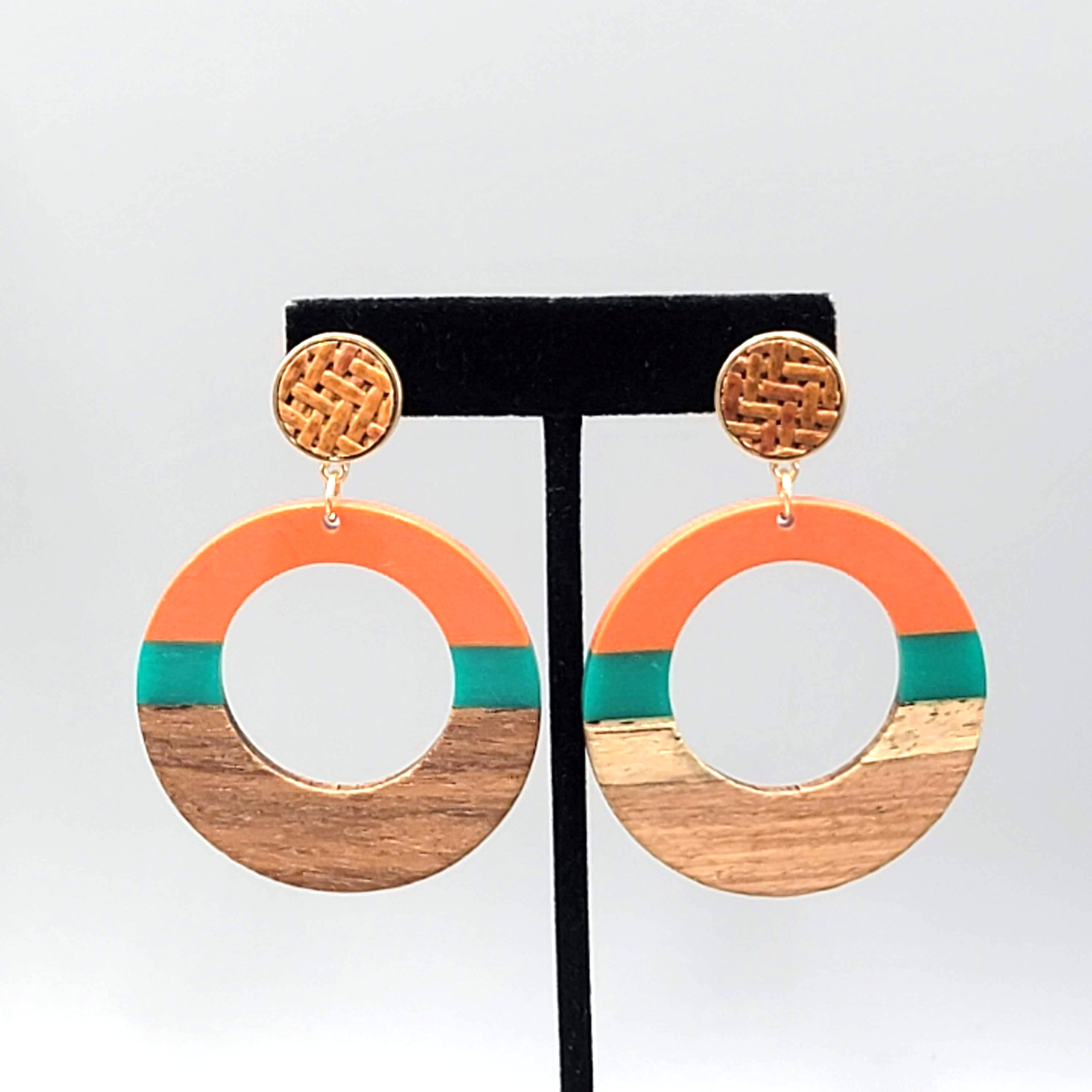 Large Wood Boho Resin Hoops Pierced Earrings Orange Teal 2.75 in