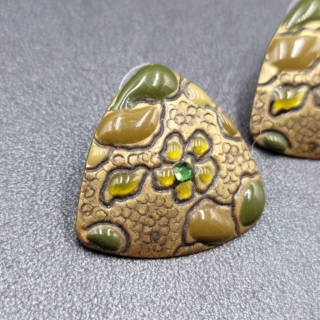 Pierced Earrings Bronze tone Green Rhinestone Enamel Triangle 1"
