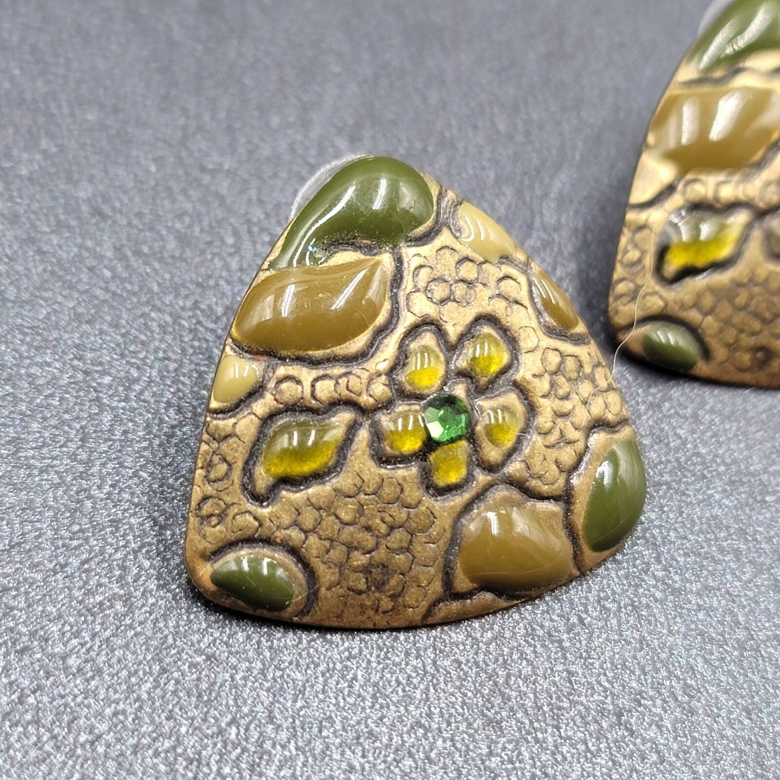 Pierced Earrings Bronze tone Green Rhinestone Enamel Triangle 1"