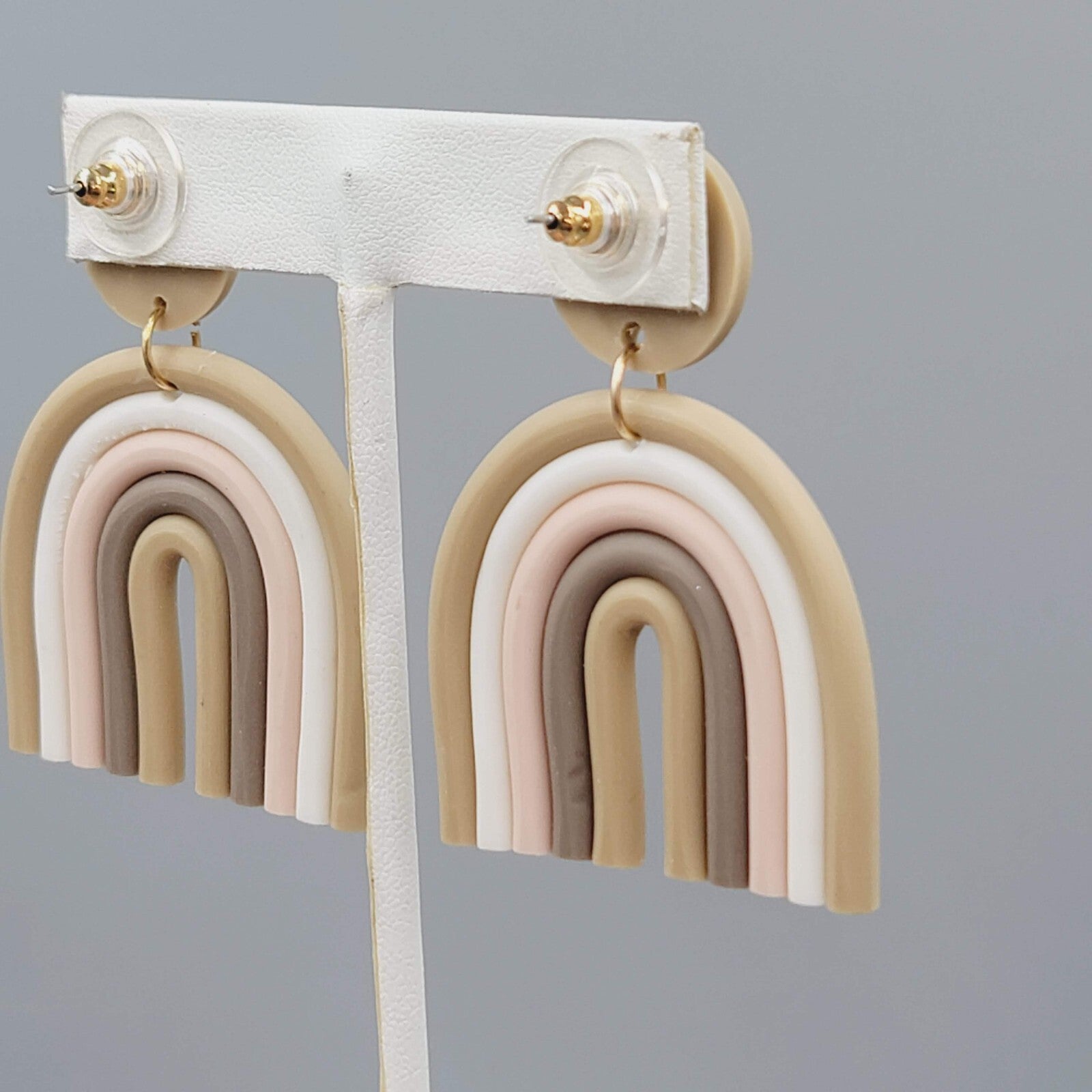 Polymer Clay Statement Pierced Earrings Tan White Pink Dangle 2.25"