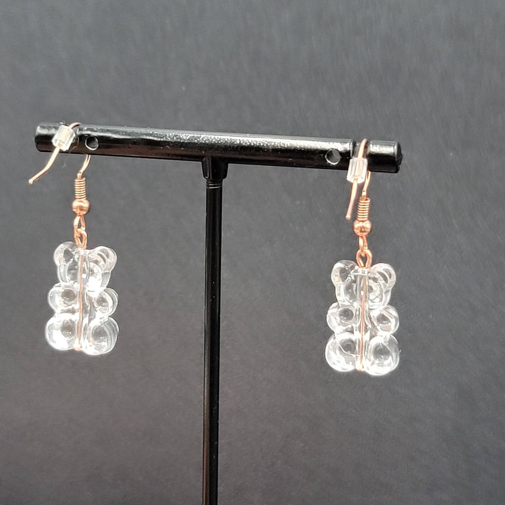 New Clear Gummy Bear Pierced Earrings Rose Gold tone Hooks Dangle 3/4"