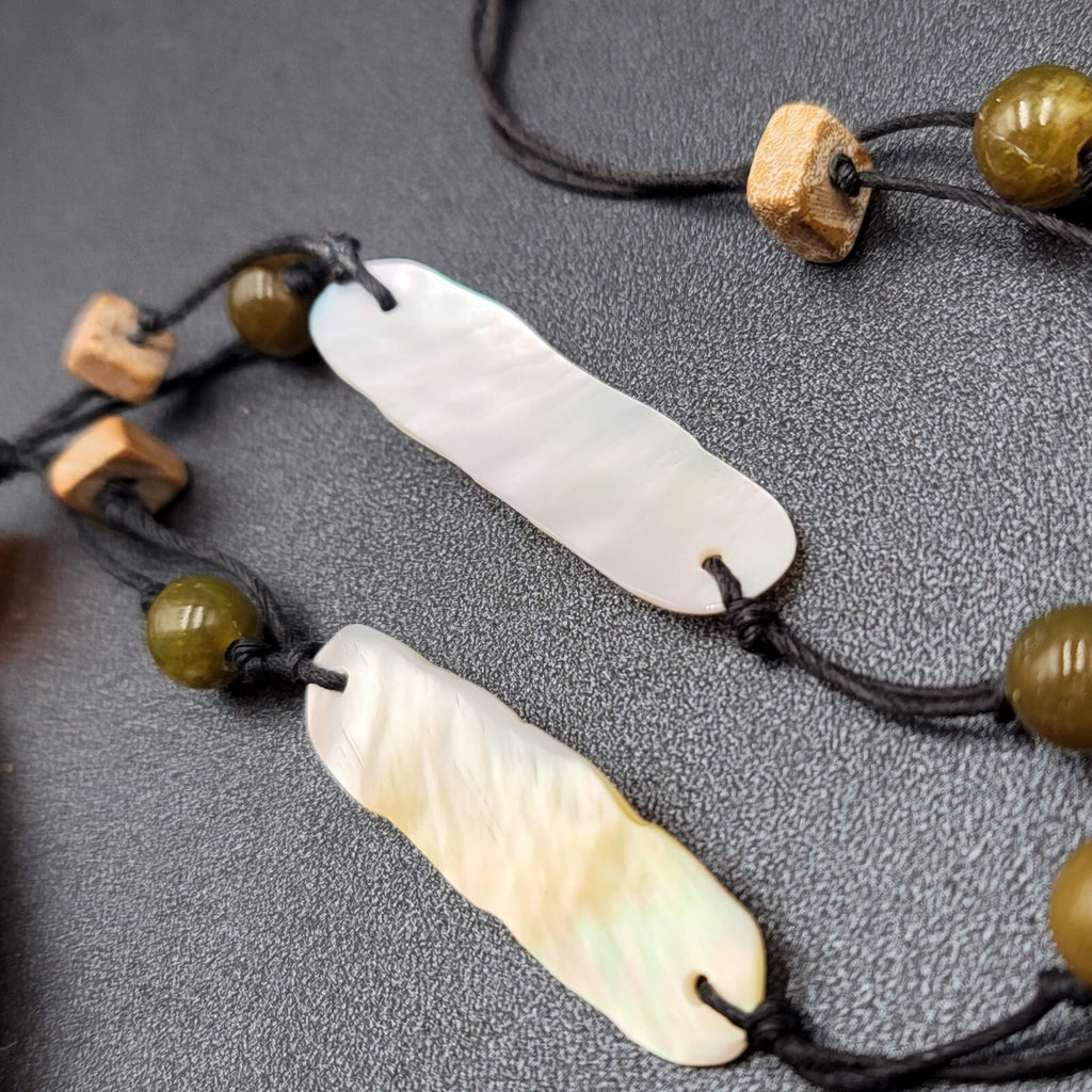 Necklace Glass Bead Shell Gemstone Bead on Black Cord 21"
