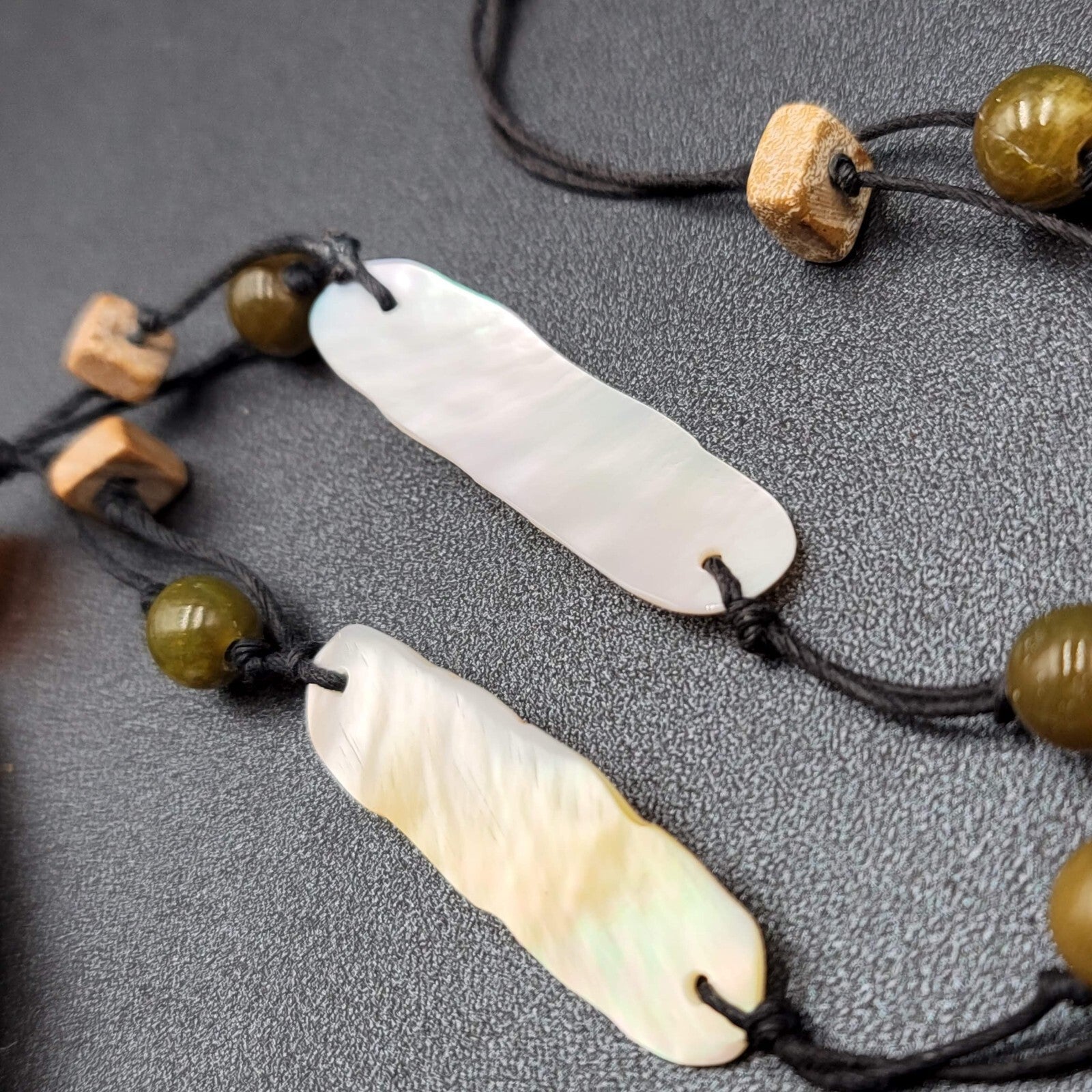 Necklace Glass Bead Shell Gemstone Bead on Black Cord 21"