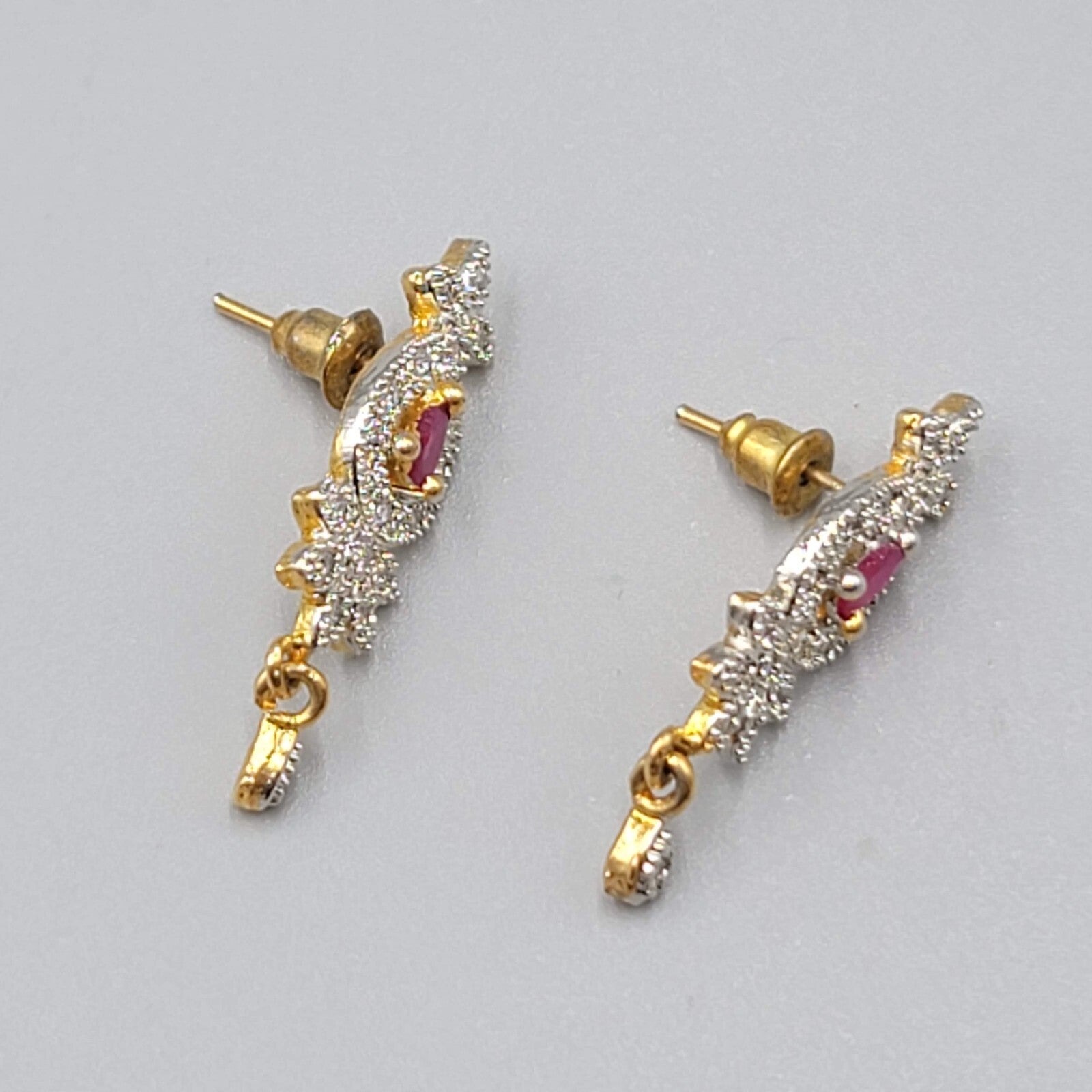 Bollywood Style Pierced Earrings Gold Plated Red Center Stone Dangle 1.25"