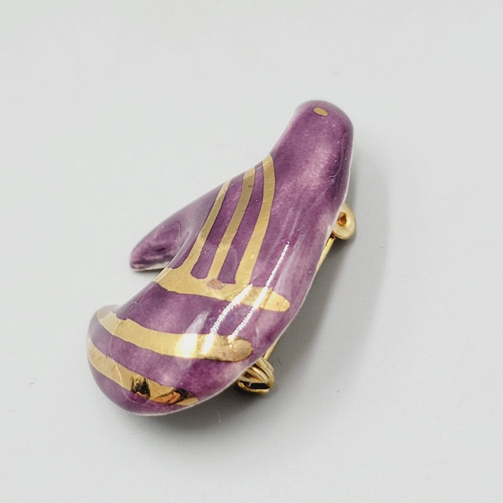 Vintage Ceramic Purple and Gold Bear Brooch Hand Painted 1 3/8"