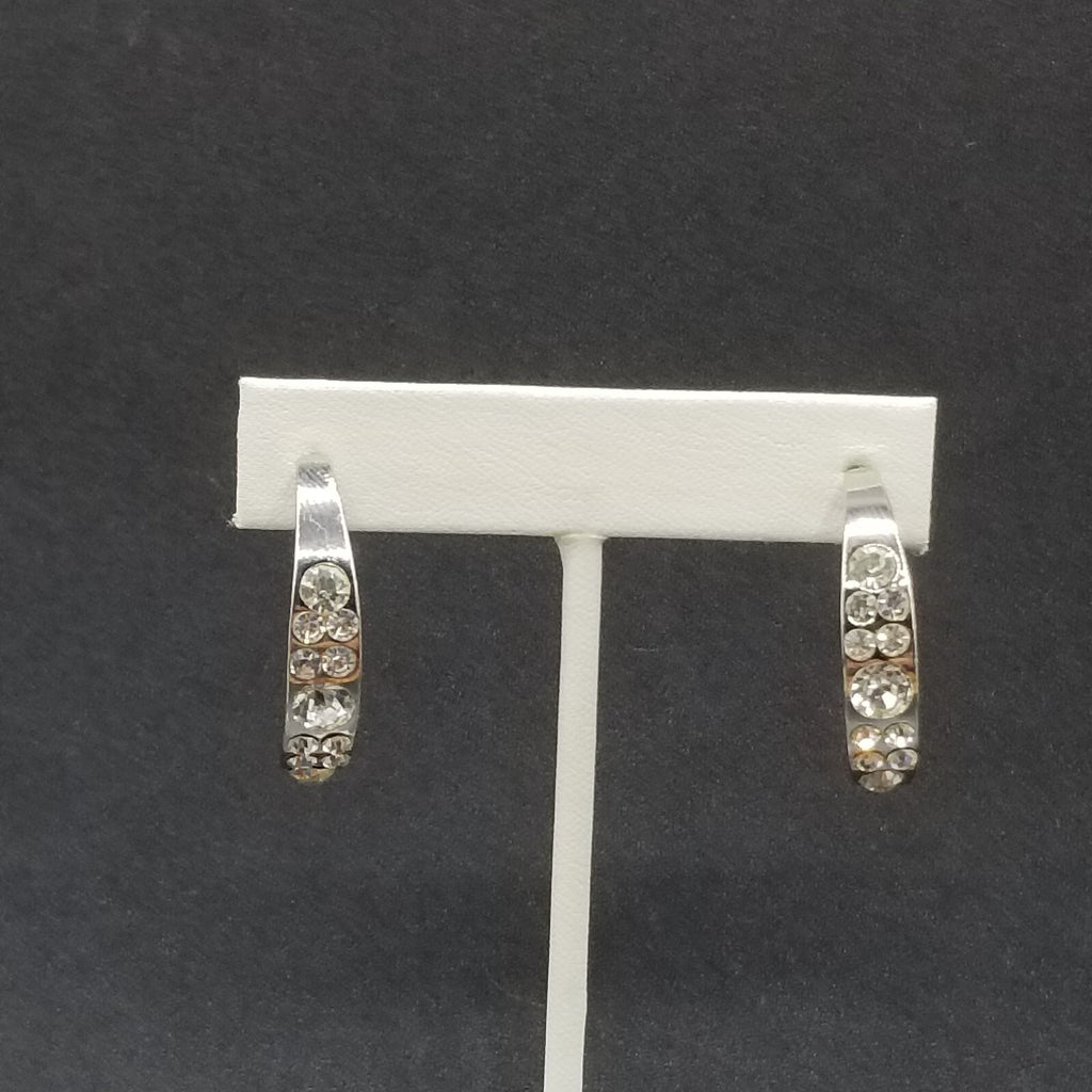 Pierced Earrings Silver tone Faceted Crystal Half Hoop Drop 1 1/4"