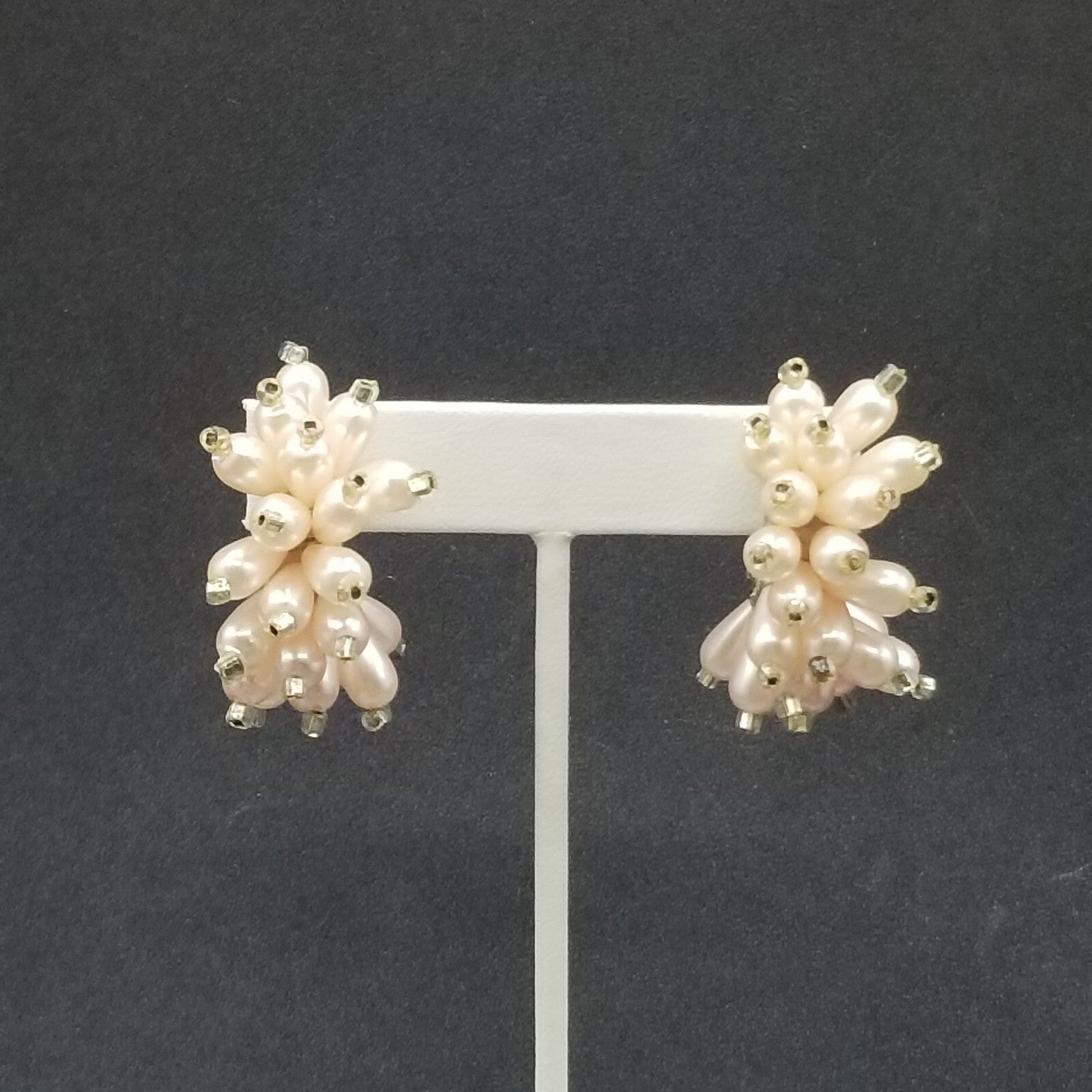 Vintage Clip on Earrings Pink Bead Large Statement Half Hoop Drop 1 1/2"