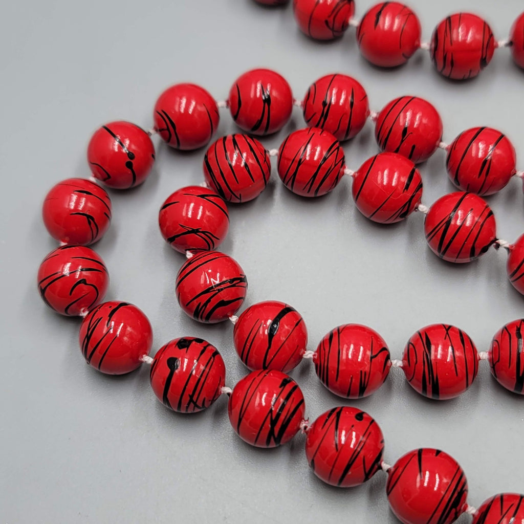 Vintage Red Bead Black Splatter Necklace 28"
