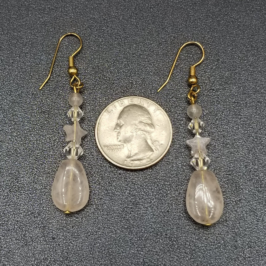 Pierced Earrings Gold tone Crystal Rose Quartz Teardrop Beaded Dangle 1 1/2"