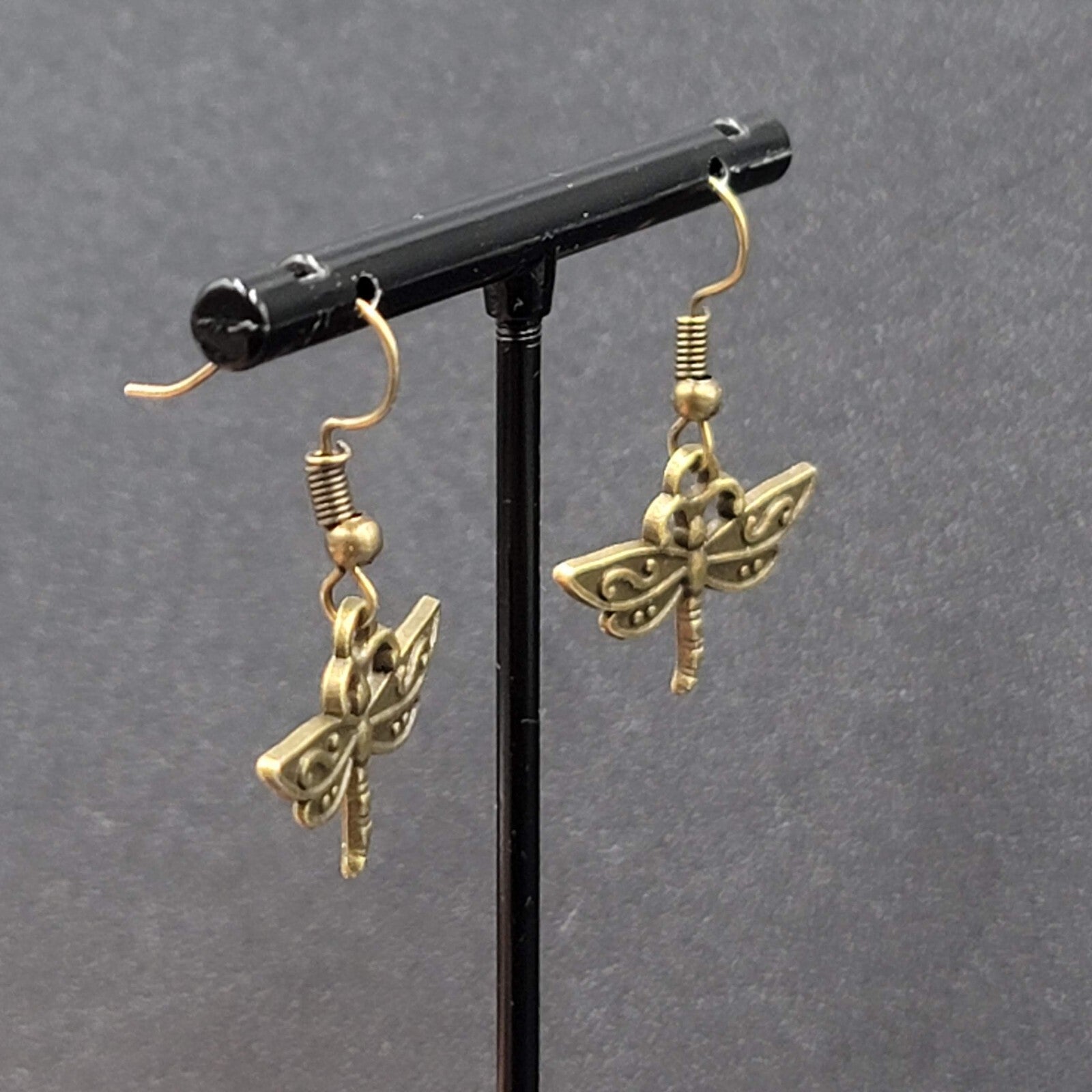 Dragonfly Pierced Earrings Dangle Bronze tone Bug Insect 5/8"