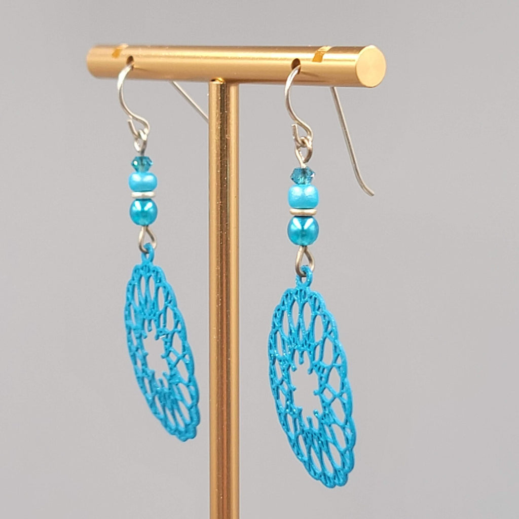 Blue Laser Cut Metal Open Work Pierced Earrings Bead Silver tone Dangle 1.75"
