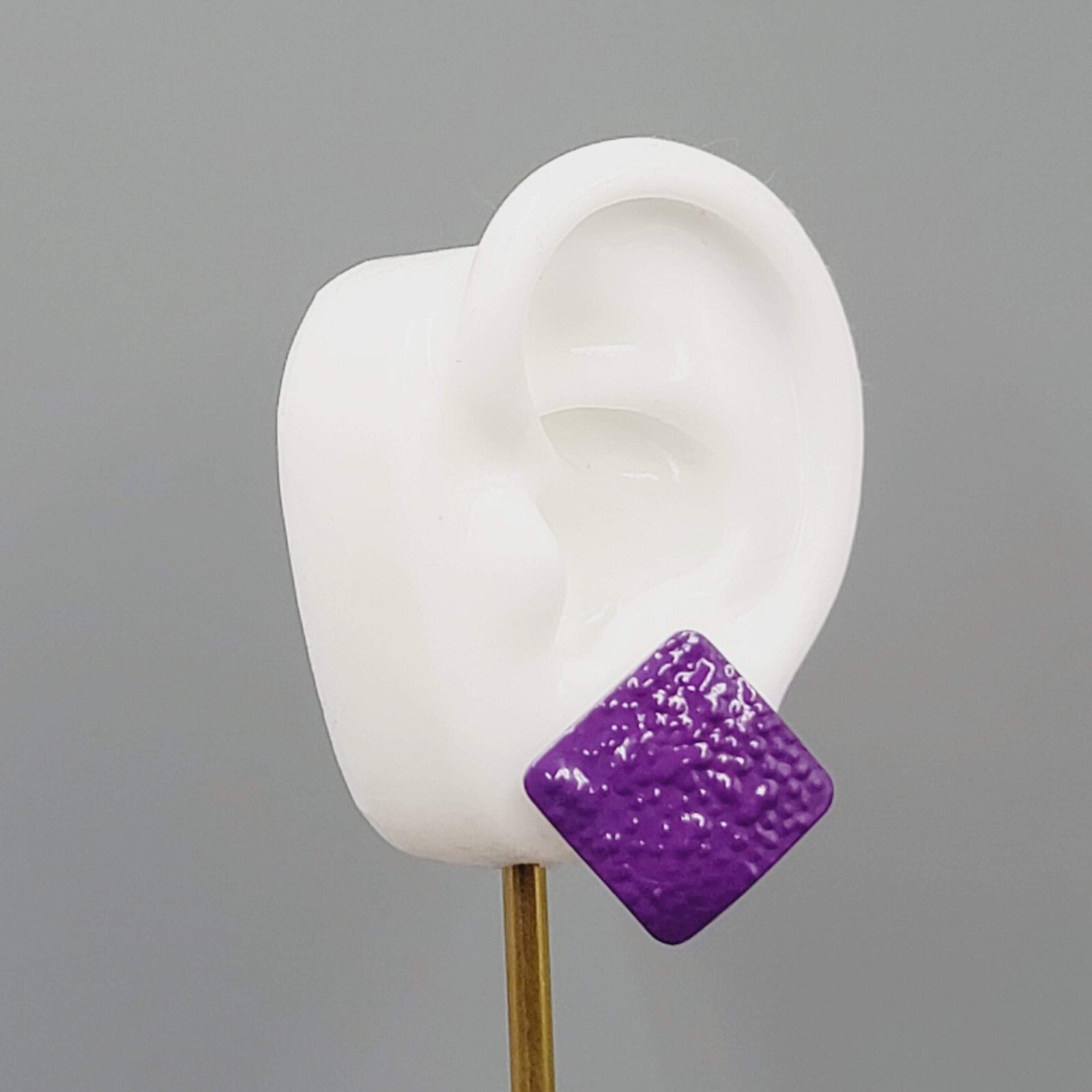 Vintage Purple Enamel Pierced Earrings Textured Metal Square Drop 1"