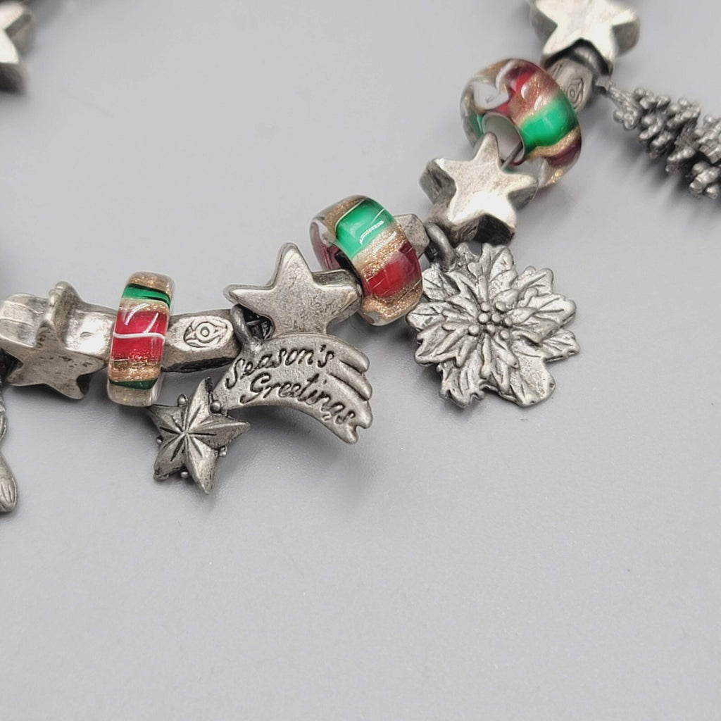 Christmas Charm Bracelet Gray Metal Toggle Closure Red Green Glass Beads 6.5"