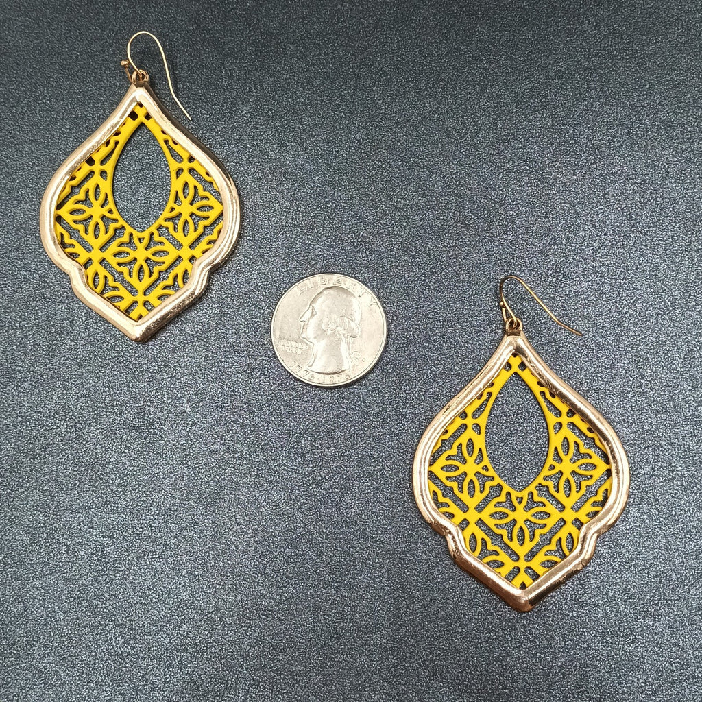 Pierced Earrings Gold tone Yellow Open work Statement Dangle 2 3/8"