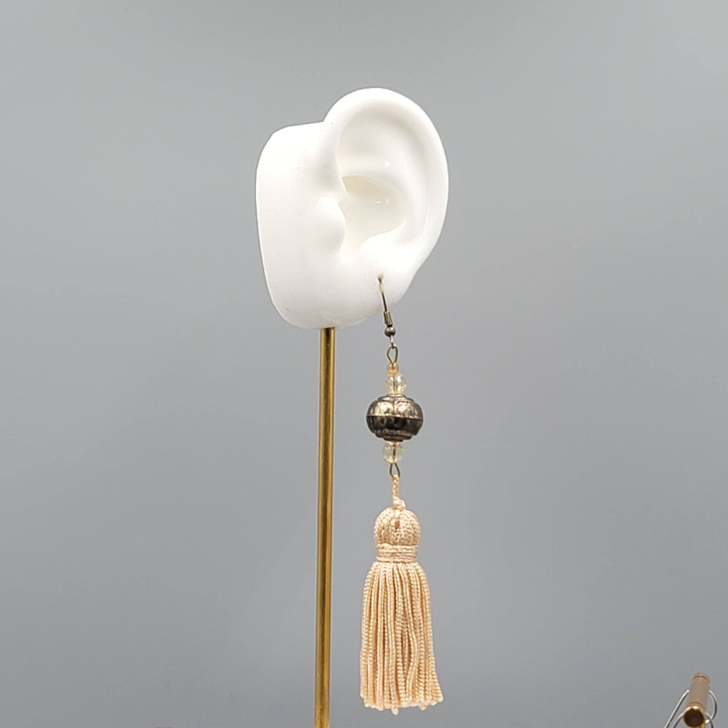 LONG Tassel Pierced Earrings Bronze tone Metal Beads Dangle 3.5"