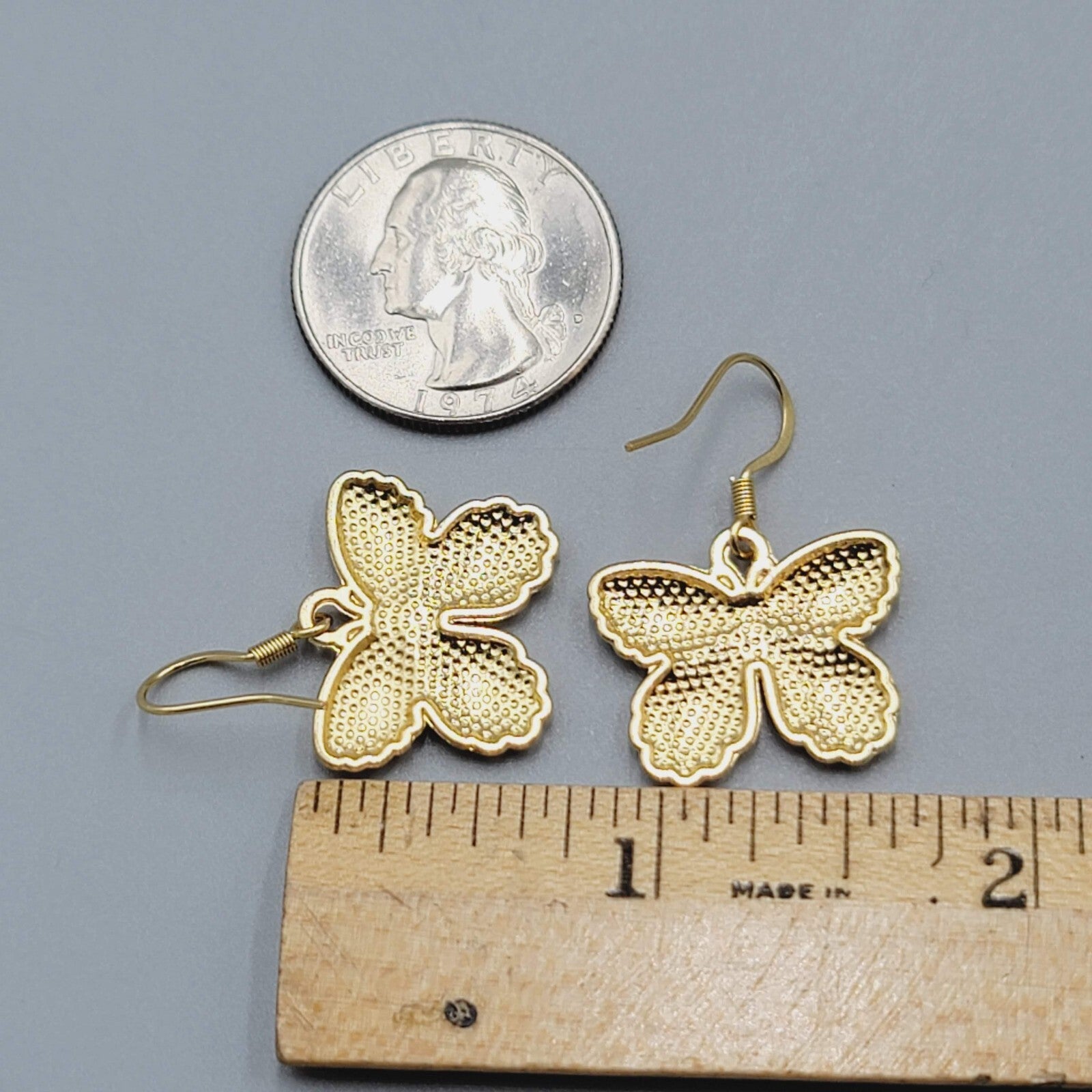 Moth Pink Enamel Pierced Earrings Gold tone Dangle Butterfly 3/4"