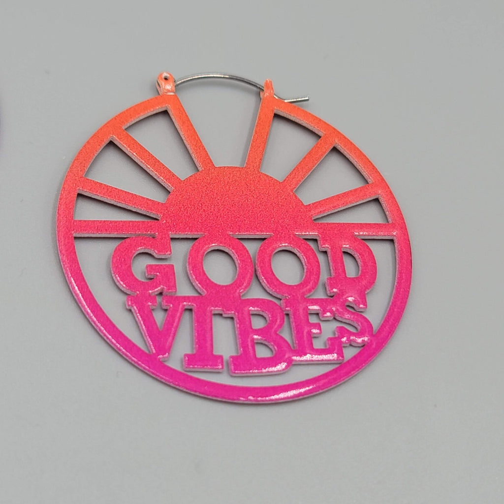 GOOD VIBES Pierced Earrings LARGE Pink Enamel over Metal Hoops 2"