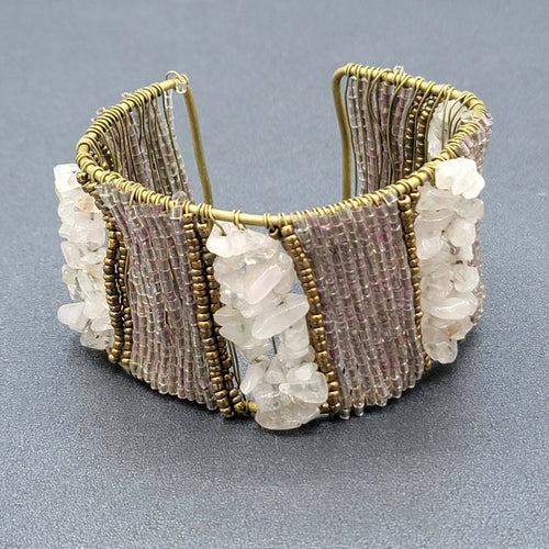 CHUNKY Urban Artisanal Metal Wire Wrapped Wide Cuff Bracelet Quartz Beads
