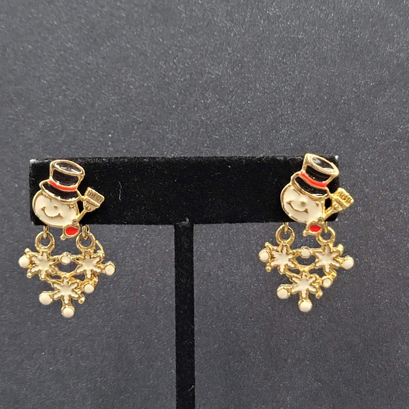 Snowman Pierced Earrings Gold tone Enamel Jacket Back Dangle 1.25"