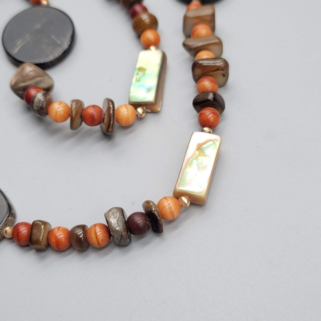 Stone Bead Necklace Abalone Shell Brown Orange Red Long 32"