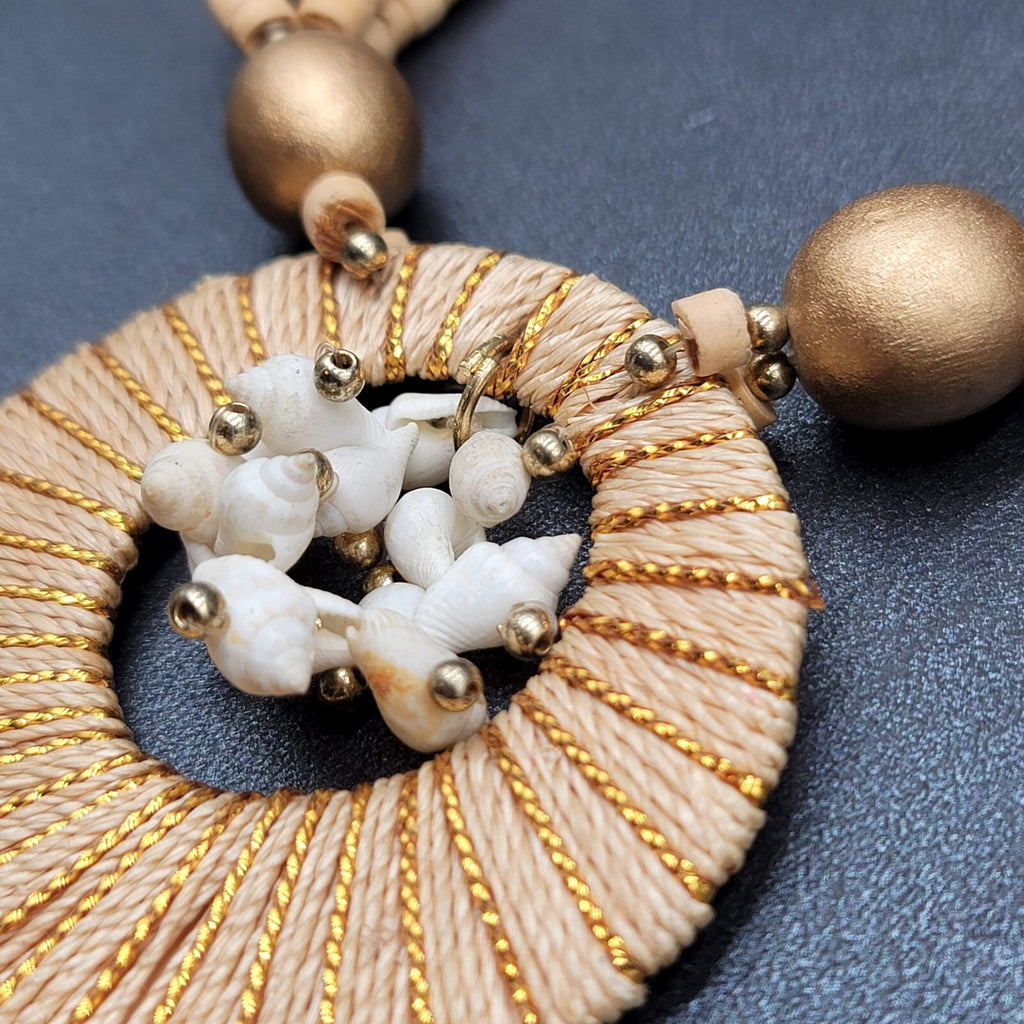 Vintage Necklace Wood Bead Shell Gold tone Boho Estate Costume Jewelry 24"